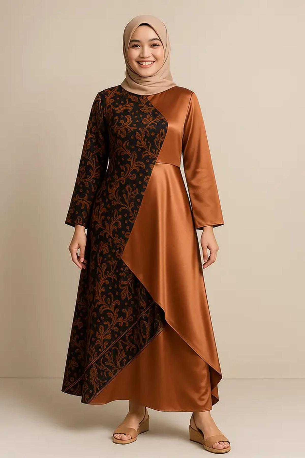 8 Model Gamis Batik Kombinasi Satin Mengkilap, Bikin Penampilanmu Mewah dan Elegan