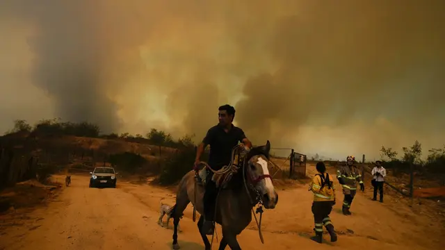 Warga melarikan diri dari kebakaran hutan yang mencapai lingkungan Vina del Mar, Chile, Sabtu, 3 Februari 2024. ( Esteban Felix/AP)
