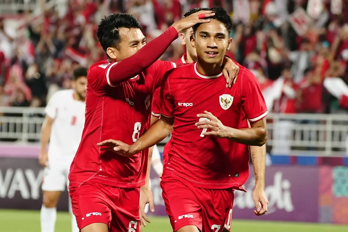 Marselino Ferdinan mencetak gol untuk Timnas Indonesia U-23 ke gawang Timnas Yordania U-23 di Piala Asia U-23 2024.