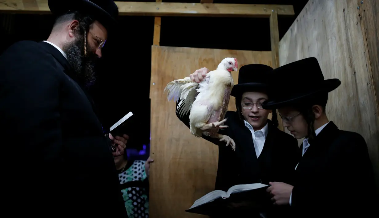 Dua remaja Yahudi Ultra-Ortodoks membaca doa saat ia melakukan ritual Kaparot, di Ashdod, Israel, (9/10). Ritual ini dilakukan menjelang Hari Penebusan Yahudi, Yom Kippur. (REUTERS/Amir Cohen)