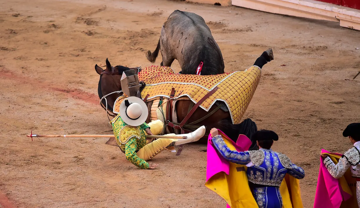 Matador Spanyol terjatuh dari kudanya saat seekor banteng menyeruduknya dalam Festival San Fermin, Pamplona, Spanyol, Selasa (9/7/2019). (AP Photo/Alvaro Barrientos)