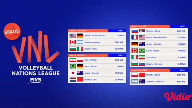 Link Live Streaming Men’s Volleyball Nations League 2022 di Vidio 5-11 Juli 2022 : Ada Tim Pemuncak