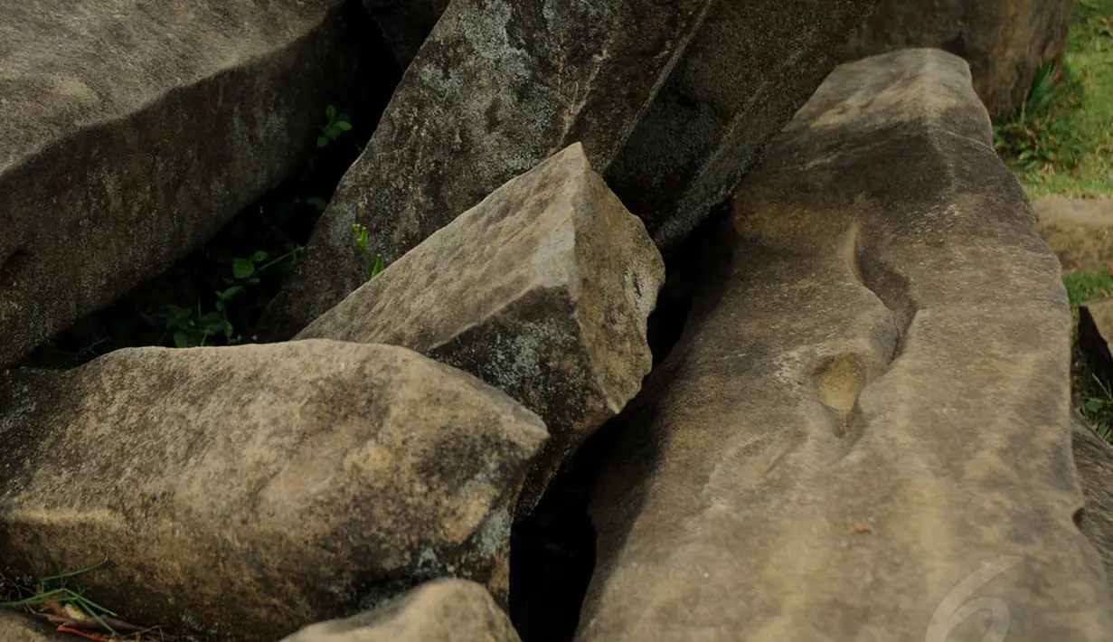 Sebuah batu berlambang Kujang (senjata khas Jawa Barat), terdapat di areal situs Gunung Padang di Kampung Cimanggu, Cianjur, Jawa Barat, (20/9/2014). (Liputan6.com/Helmi Fithriansyah)
