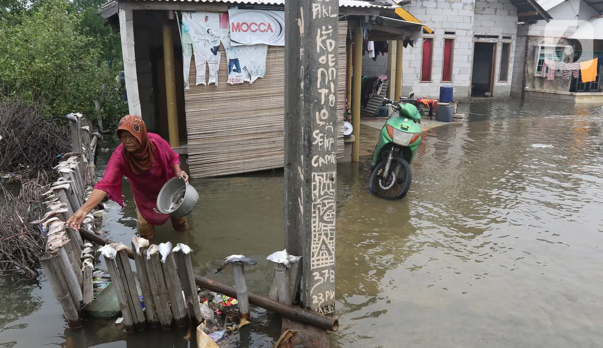 Aktivitas warga di depan rumahnya yang tergenang banjir rob di Desa Pantai Mekar, Muaragembong, Kabupaten Bekasi, Senin (6/12/2021). Banjir rob telah menggenangi rumah dan tambak warga di wilayah tersebut selama empat hari akibat kenaikan permukaan air laut. (Liputan6.com/Herman Zakharia)