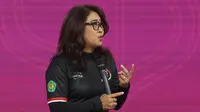 Pelatih Panahan Indonesia, Lilies Handayani saat acara Dialog Persiapan Menuju Olimpiade Paris 2024 di Kawasan Rasuna Epicentrum Jakarta, Senin (25/3/2024). (Bola.com/M Iqbal Ichsan)