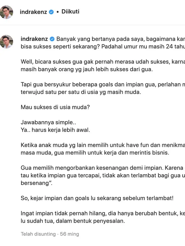 Unggahan Indra Kesuma alias Indra Kenz. (Foto: Dok. Instagram @indrakenz)
