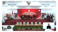 Komisi Pemilihan Umum Republik Indonesia (KPU RI) menyerahkan keputusan hasil rapat pleno penetapan Prabowo Subianto-Gibran Rakabuming Raka sebagai Presiden dan Wakil Presiden Terpilih 2024 kepada pimpinan partai politik pengusung pasangan capres dan cawapres&nbsp;nomor urut 01 Anies Baswedan-Muhaimin Iskandar. (Tangkapan Layar YouTube KPU)