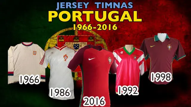 Video jersey sepak bola tim nasional negara Portugal dari tahun 1966 hingga 2016.