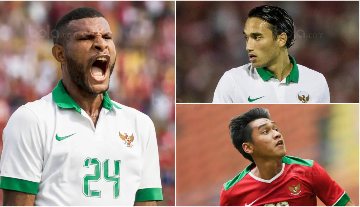 Berikut ini tiga pemain timnas Indonesia yang diharapkan mampu mencetak banyak gol ke gawang Kamboja. Diantaranya, Marinus Wanewar, Septian David Maulana dan Ezra Walian. (Bola.com/Vitalis Yogi Trisna)