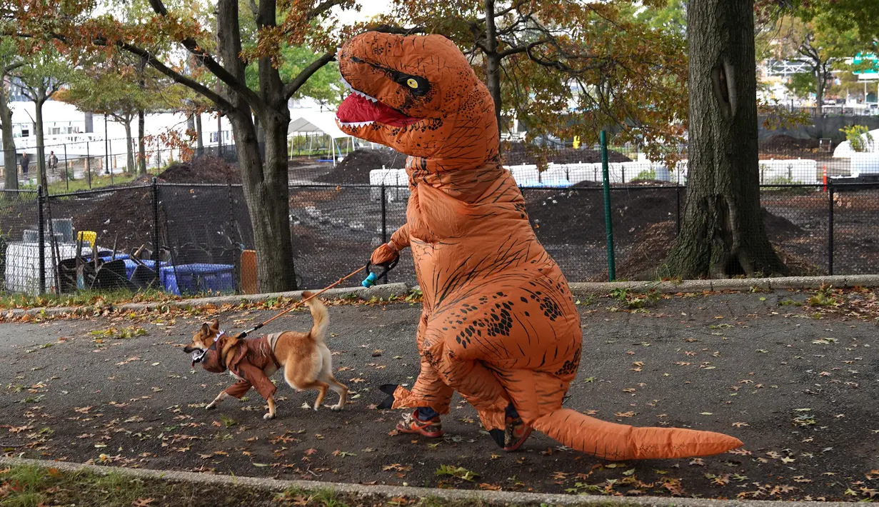 Seekor anjing dan pemiliknya dalam kostum terlihat selama Parade Tompkins Square Halloween Dog di New York, 27 Oktober 2018. Parade Halloween khusus anjing ini digelar setiap tahun, dan tahun ini merupakan gelaran yang ke-28. (TIMOTHY A. CLARY / AFP)