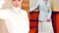 Jadi ibu satu anak, Citra Kirana tetap terlihat kece dan elegan dalam padanan kemeja, high waist pants, dan pashmina. [Instagram].