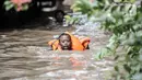 Seorang anak mengenakan pelampung saat menyusuri banjir yang merendam permukiman di Kebon Pala, Jakarta, Senin (8/2/2021). Banjir di Kebon Pala terus meninggi pada dini hari tadi hingga mencapai ketinggian 2,5 meter.  (merdeka.com/Iqbal S. Nugroho)