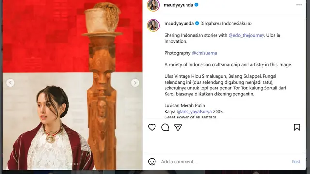 Maudy Ayunda cantik pakai ulos (instagram.com/maudyayunda)