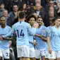 Para pemain Manchester City merayakan gol Leroy Sane ke gawang Burnley pada pekan kesembilan Liga Inggris 2018-19, Sabtu (20/10/2018). (AP Photo/Rui Vieira)