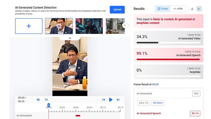 Video dan audio klaim Menkeu Purbaya mengumumkan bantuan dana hibah menunjukkan hasil AI. (Foto: tangkapan layar Hive Moderation)