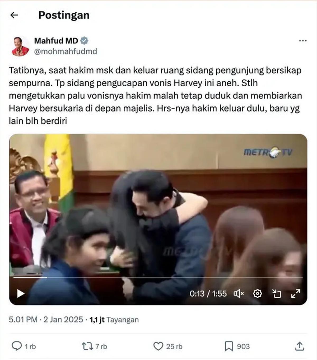 Mahfud MD Kritik Hakim Senyum Saat Harvey Moeis Peluk Sandra Dewi: Malah Ikut Cengar-cengir...