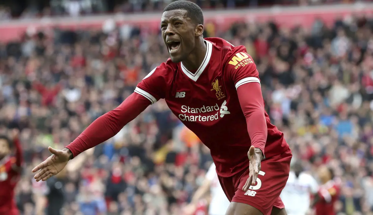 Ekspresi pemain Liverpool, Georginio Wijnaldum saat melawan Stoke City pada lanjutan Premier League di Anfield, Liverpool, (28/4/2018). Liverpool hanya bermain imbang 0-0 melawan Stoke City. (Martin Rickett/PA via AP)