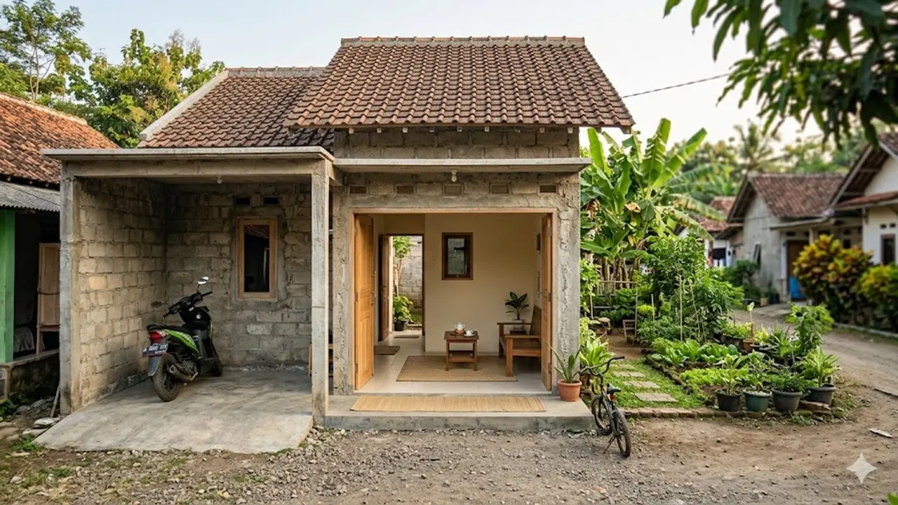Rumah 1 Lantai Biaya Rp50 Juta di Desa dengan Garasi Motor dan Ruang Tamu Nyaman