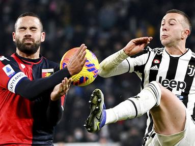 Juventus berhasil mengamankan tiga poin kala menjamu Genoa pada pertandingan pekan ke-16 Serie A di Allianz Stadium, Senin (6/12/2021). Tampil di depan pendukungnya sendiri, skuad Nyonya Tua tampil menekan sejak bola digulirkan.  (Marco Alpozzi/LaPresse via AP)