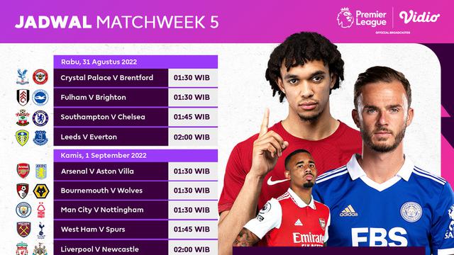 Jadwal dan Live Streaming Liga Inggris 2022/2023 Pekan Kelima di Vidio, 31 Agustus - 2 September 2022