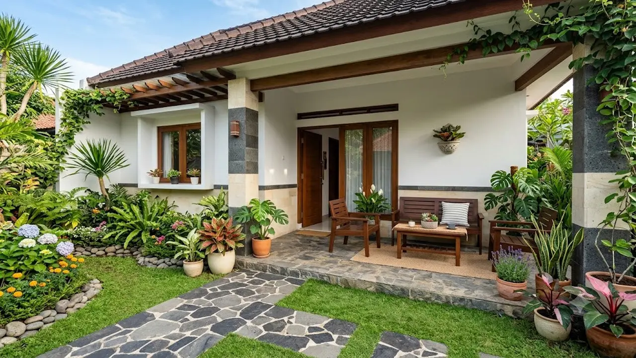 Inspirasi Teras Rumah Sederhana dengan Kombinasi Bunga Hias dan Batu Alam