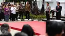 Presiden Jokowi memberi sambutan pada pembukaan pameran seni rupa koleksi Istana Kepresidenan RI di Galeri Nasional, Jakarta, Senin (1/8). Jokowi terlihat didampingi oleh Presiden ke-5 RI Megawati Soekarnoputri. (Liputan6.com/Faizal Fanani)