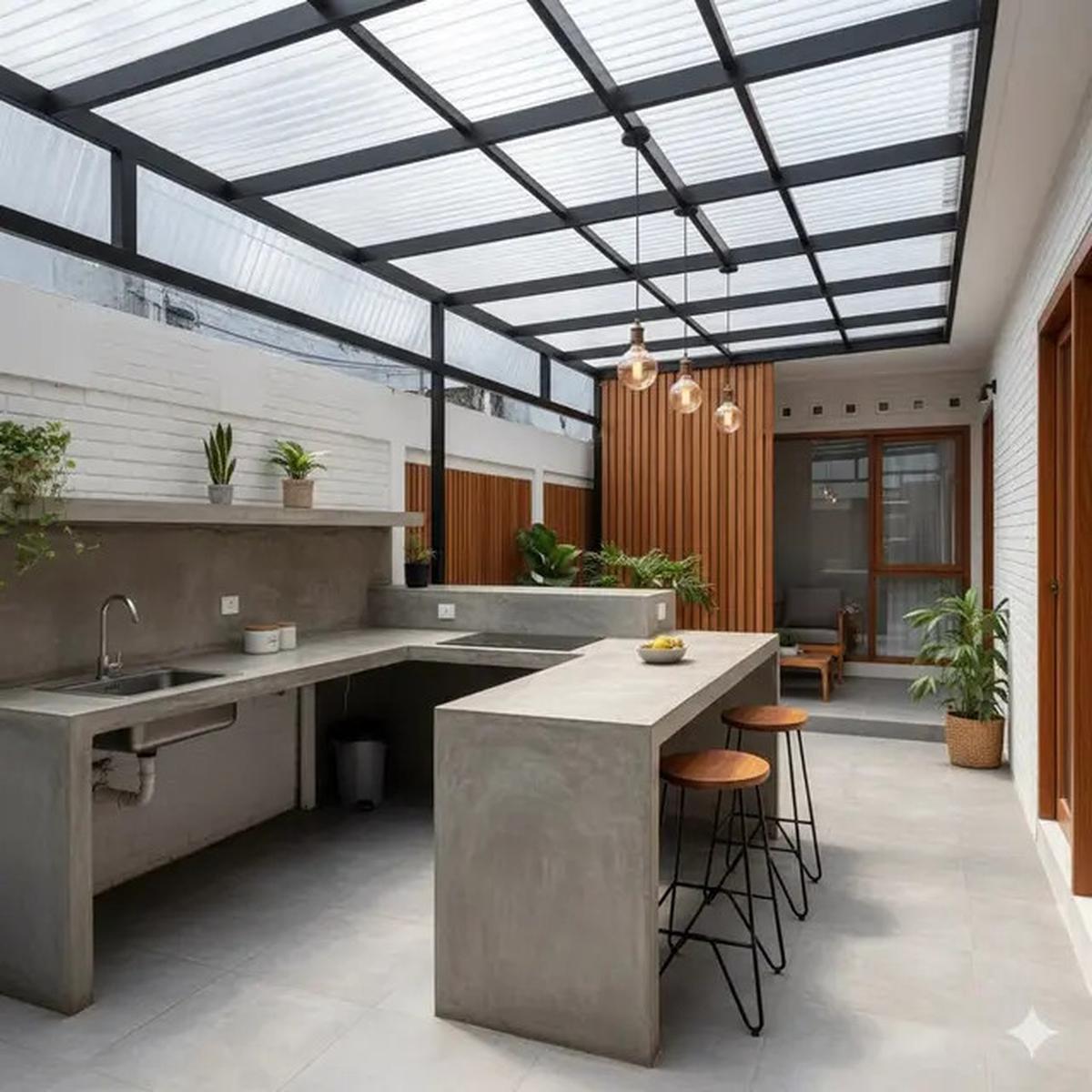 12 Inspirasi Dapur Outdoor Lahan Sempit dengan Meja Cor Minimalis Tren 2025