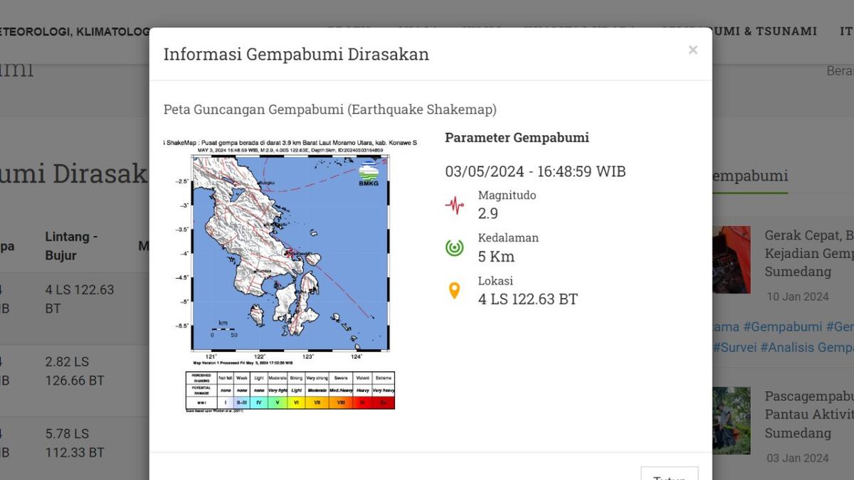 Gempa Hari Ini Jumat 3 Mei 2024 di Indonesia, Bermagnitudo 2,9 Getarkan Moramo Utara Sultra Berita Viral Hari Ini Senin 20 Mei 2024