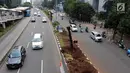 Kendaraan melintas di samping-pohon-pohon yang telah ditebang di Jalan Sudirman, Jakarta, Jumat (9/3). Sebanyak 541 pohon di sepanjang Jalan Sudirman-Thamrin ditebang imbas penataan trotoar yang akan dimulai Pemprov DKI. (Liputan6.com/Arya Manggala)