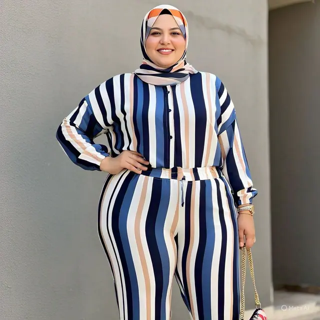 Outfit Casual Wanita Hijab Gemuk dengan Celana Motif Garis Vertikal dan Atasan Senada