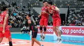 Tim putra Palembang Bank SumselBabel sukses menyegel peringkat ketiga PLN Mobile Proliga 2024 usai mengalahkan Jakarta STIN BIN dengan skor telak 3-0 (25-17, 25-20, 25-18) pada laga perebutan peringkat ketiga di Indonesia Arena, Senayan, Jakarta, Minggu (21/7/2024). (Bola.com/Bagaskara Lazuardi)