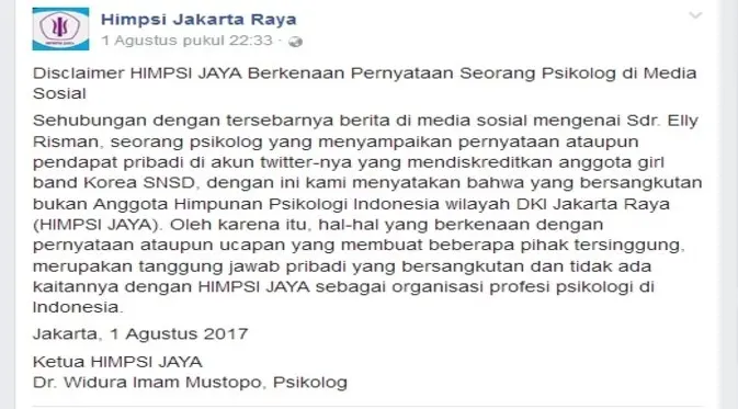 Pernyataan resmi Himpunan Psikolog Indonesia Wilayah Jakarta soal kicauan Elly yang menyebut SNSD sebagai simbol seks. (Foto: Facebook  HIMPSI Jakarta)