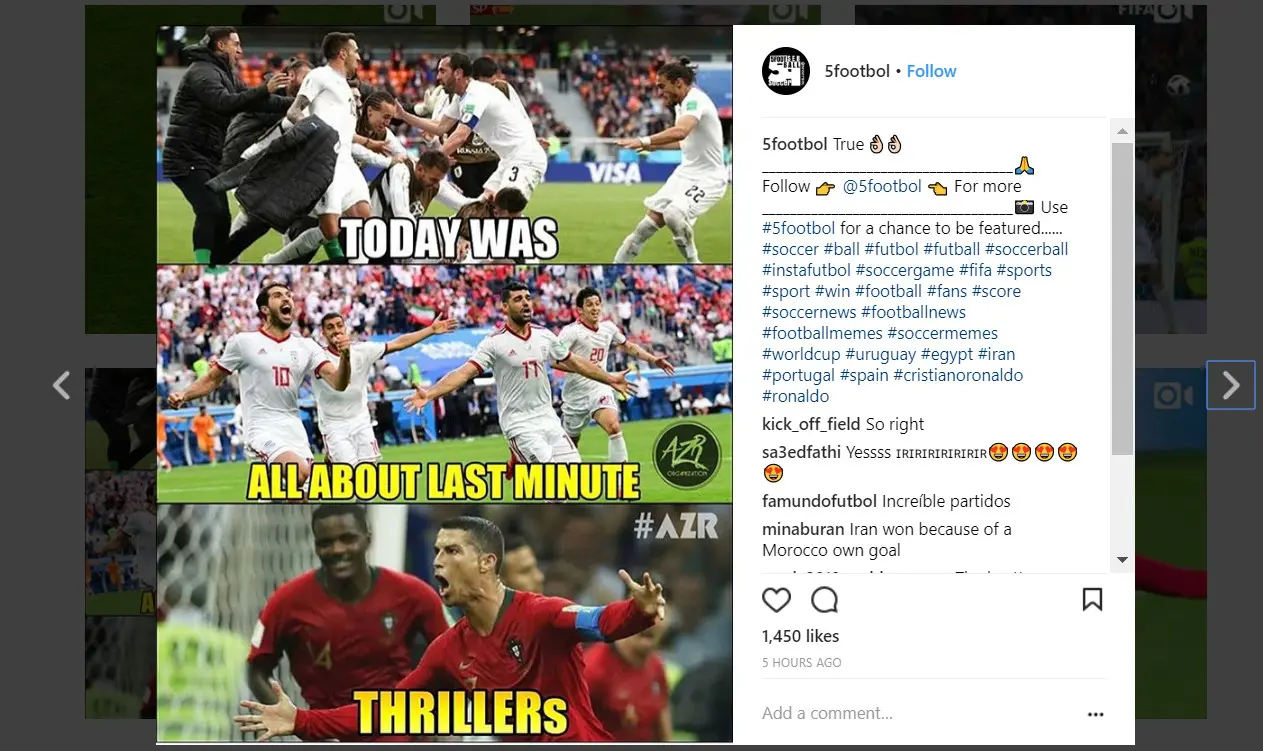 Meme Cristiano Ronaldo setelah cetak tiga gol dalam pertandingan Piala Dunia Portugal lawan Spanyol (Instagram @5footbol)