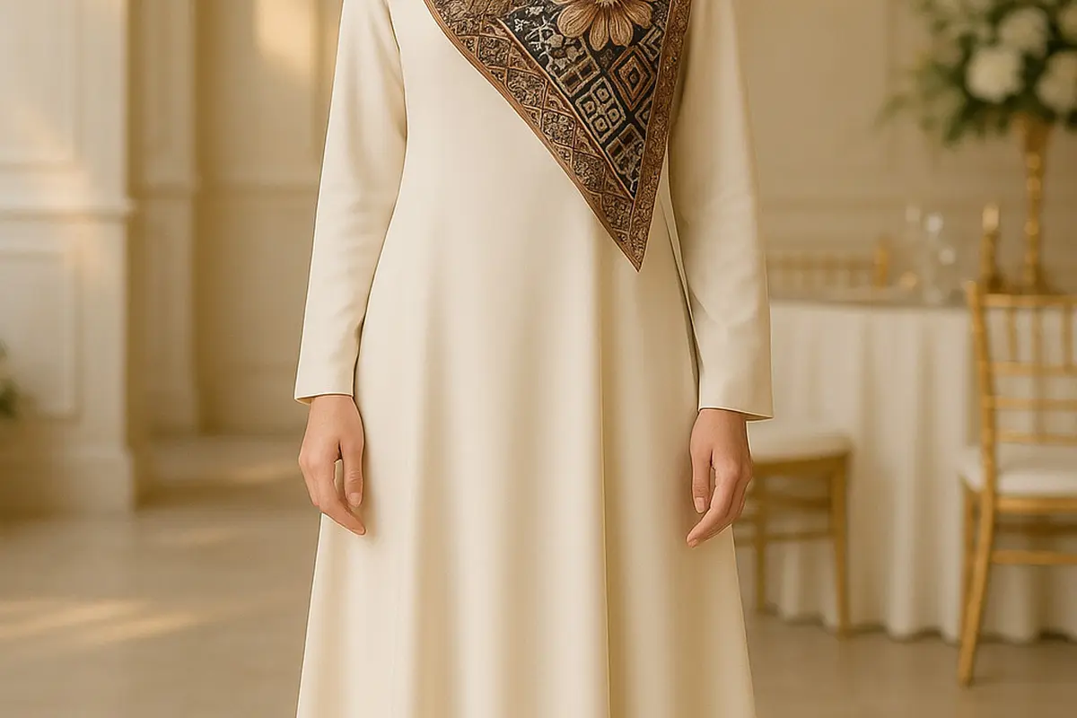Inspirasi Gamis Polos dengan Hijab Motif
