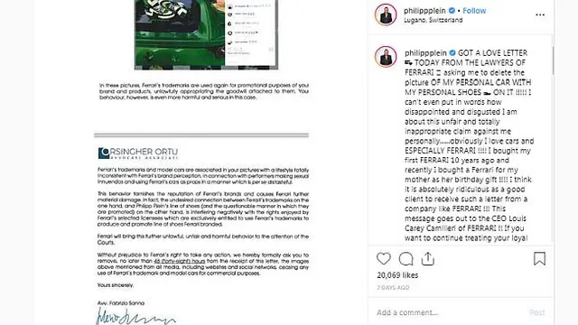 Unggahan Instagram yang dipermasalahkan oleh Ferrari