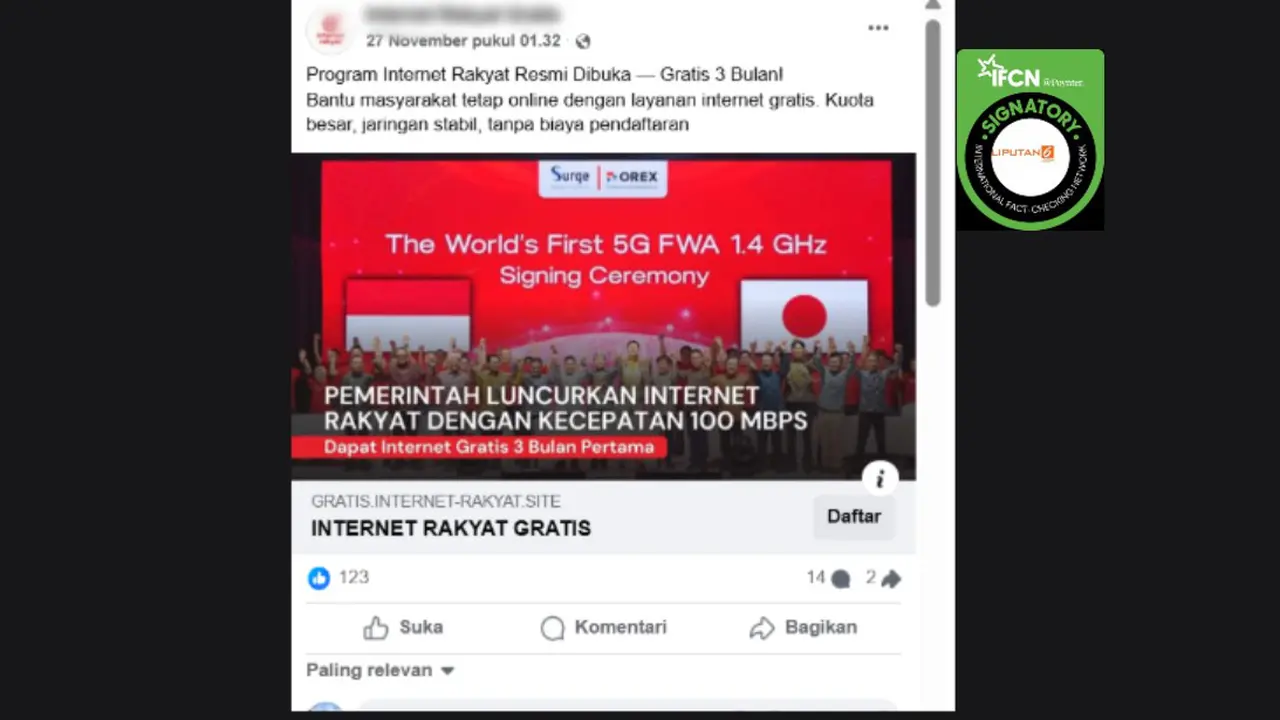 Tangkapan layar klaim link pendaftaran Internet Rakyat yang beredar di Facebook.