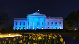 Gedung Putih menyala dengan warna biru untuk menandai World Autism Awareness Day atau Hari Peduli Autisme Sedunia di Washington, Kamis (2/4/2020). Hari Peduli Autisme Sedunia jatuh setiap 2 April semenjak ditetapkan melalui sebuah resolusi PBB di tahun 2007. (MANDEL NGAN / AFP)