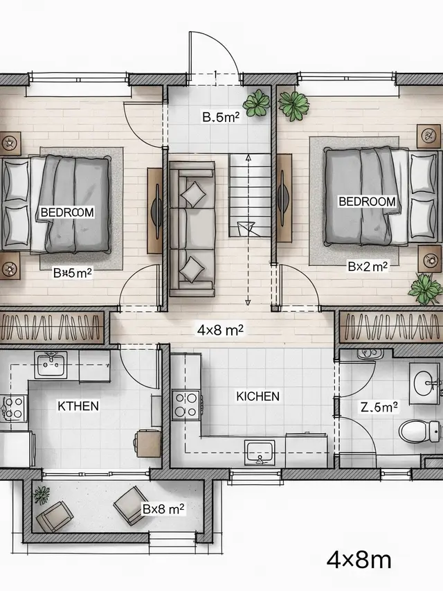 Denah Rumah 4x8 Sederhana di Desa untuk Keluarga Kecil tanpa Terasa Sempit
