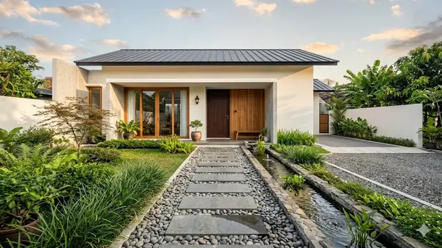 Ide Kombinasi Batu Alam dan Air di Depan Rumah