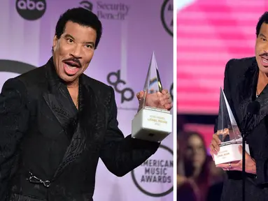 Foto kolase Lionel Richie saat menerima penghargaan Icon Award di American Music Awards di Microsoft Theater di Los Angeles pada Senin (21/11/2022). (AP Photo/Chris Pizzello)