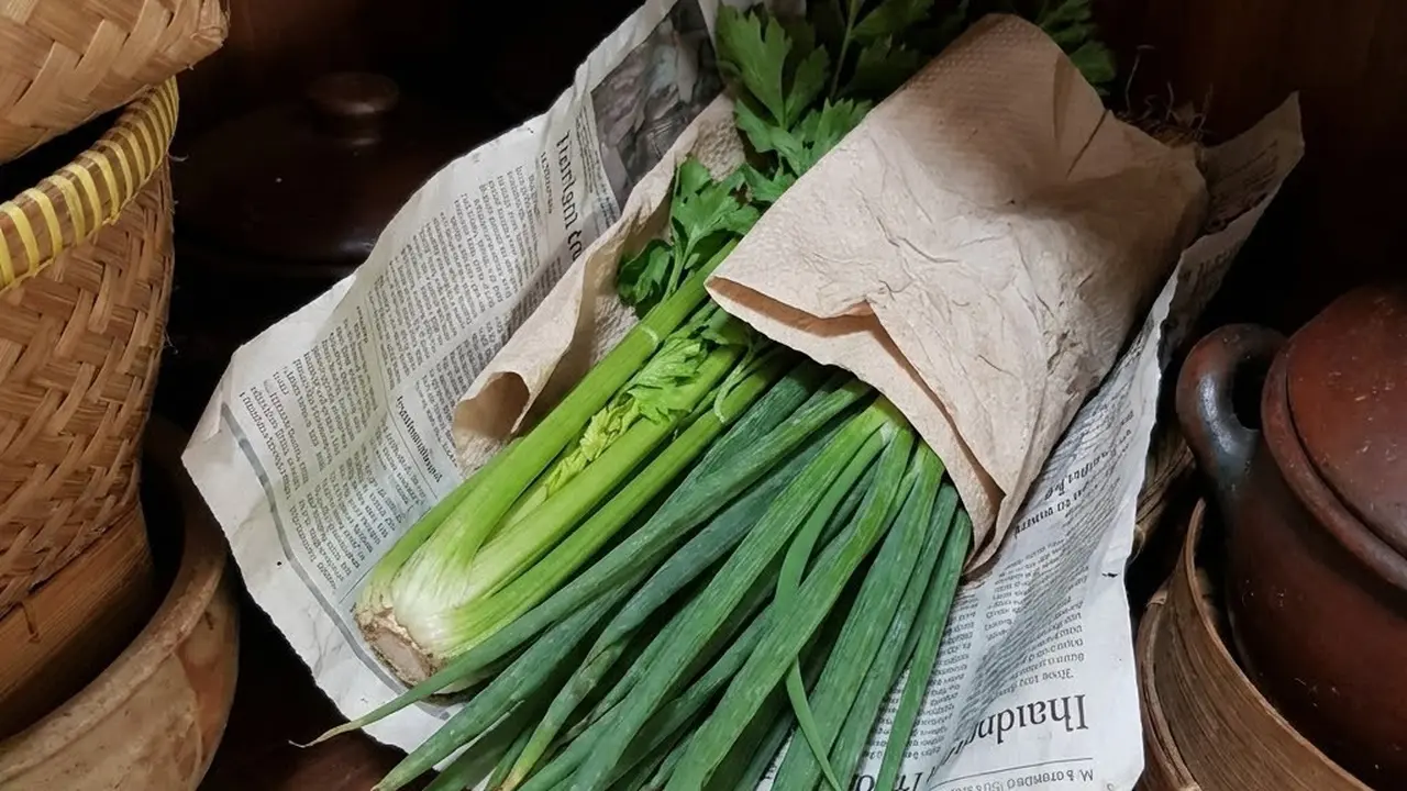 Menyimpan daun bawang dan seledri dengan membungkusnya pakai tisu dan kertas koran