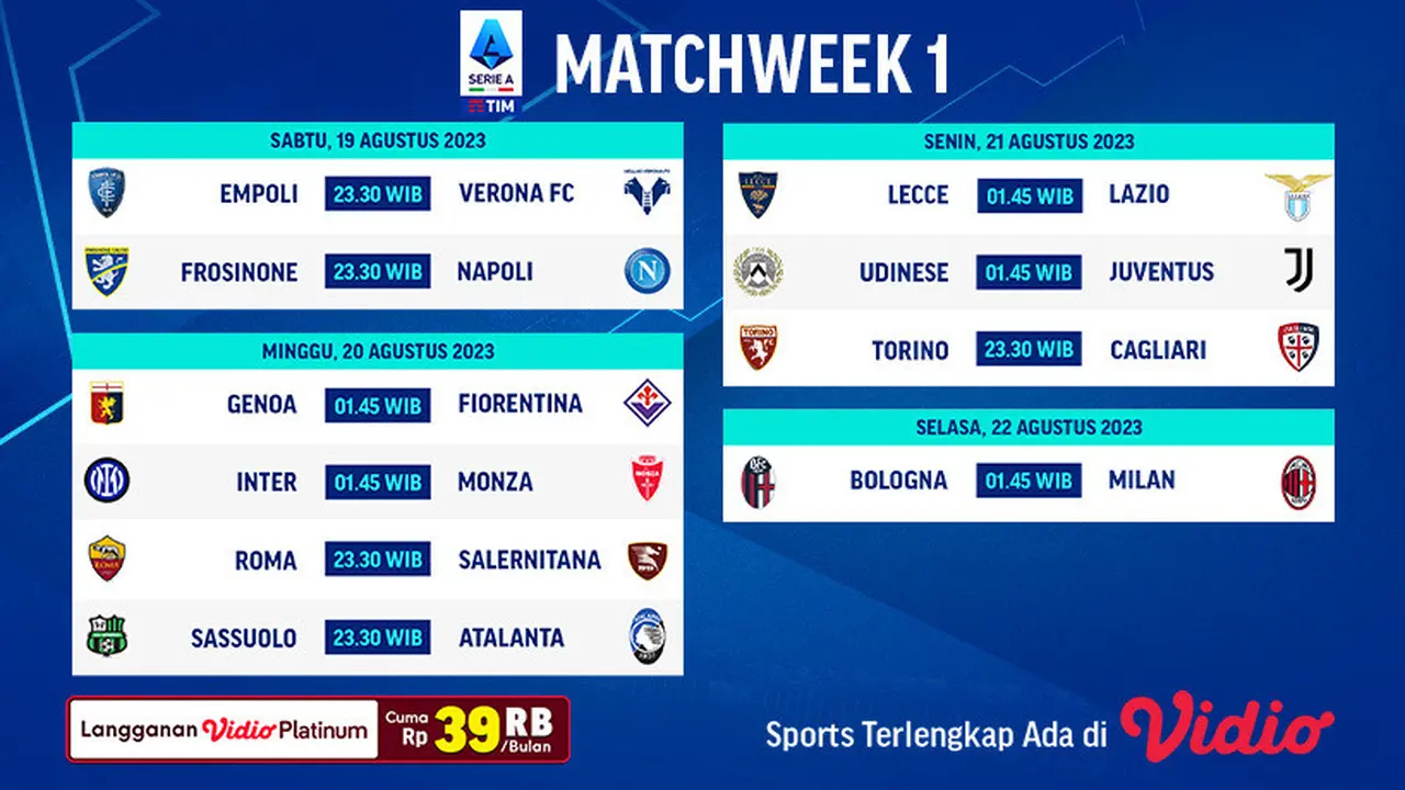Jadwal Live Streaming Liga Italia 2023/2024 Matchday 1 di Vidio.