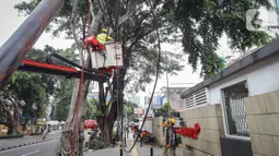 Petugas Satgas Bina Marga Jakarta Pusat melakukan penataan jaringan utilitas di kawasan Wahid Hasyim, Jakarta, Selasa (15/3/2022). Penataan kabel utilitas yang semrawut diharapkan meningkatkan kualitas pedesterian DKI Jakarta sehingga pejalan kaki merasa aman dan nyaman. (Liputan6.com/Faizal Fanani)