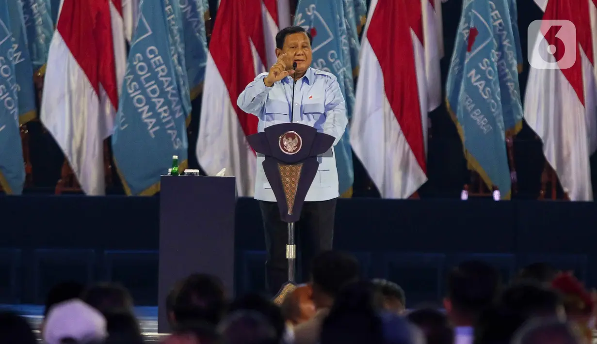 <p>Presiden Republik Indonesia, Prabowo Subianto memberi pidato pada acara deklarasi Gerakan Solidaritas Nasional (GSN) di Indonesia Arena, Kompleks Gelora Gung Karno, Senayan, Jakarta. Sabtu (2/11/2024). (Liputan6.com/Herman Zakharia)</p>