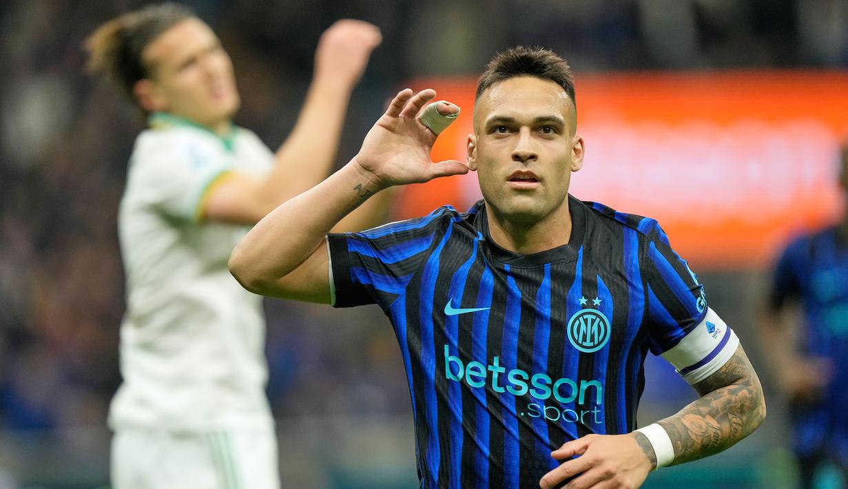 Lautaro Martinez sukses mencatatkan dirinya sebagai pencetak brace melalui dua gol pada menit pertama dan ke-52. (AP Photo/Luca Bruno)