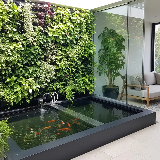 Ide Teras Rumah Luas dengan Kolam Ikan Mini di Sudut Depan