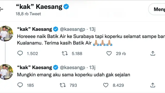 Cuitan Kaesang Pangarep. (Foto: Dok. Twitter @kaesangp)