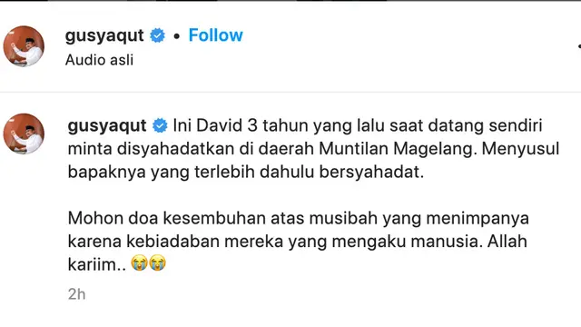 Menteri Yaqut Cholil Qoumas menyebut David yang koma seorang mualaf. (Foto: Dok. Instagram @gusyaqut)