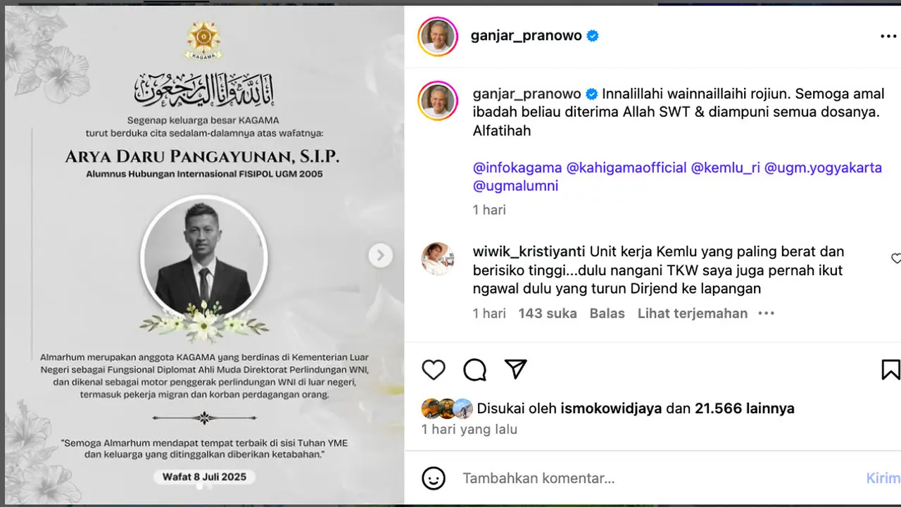 Mantan Gubernur Jawa Tengah Ganjar Pranowo menyampaikan ucapan dukacita atas meninggalnya diplomat muda Kementerian Luar Negeri. (@ganjarpranowo)