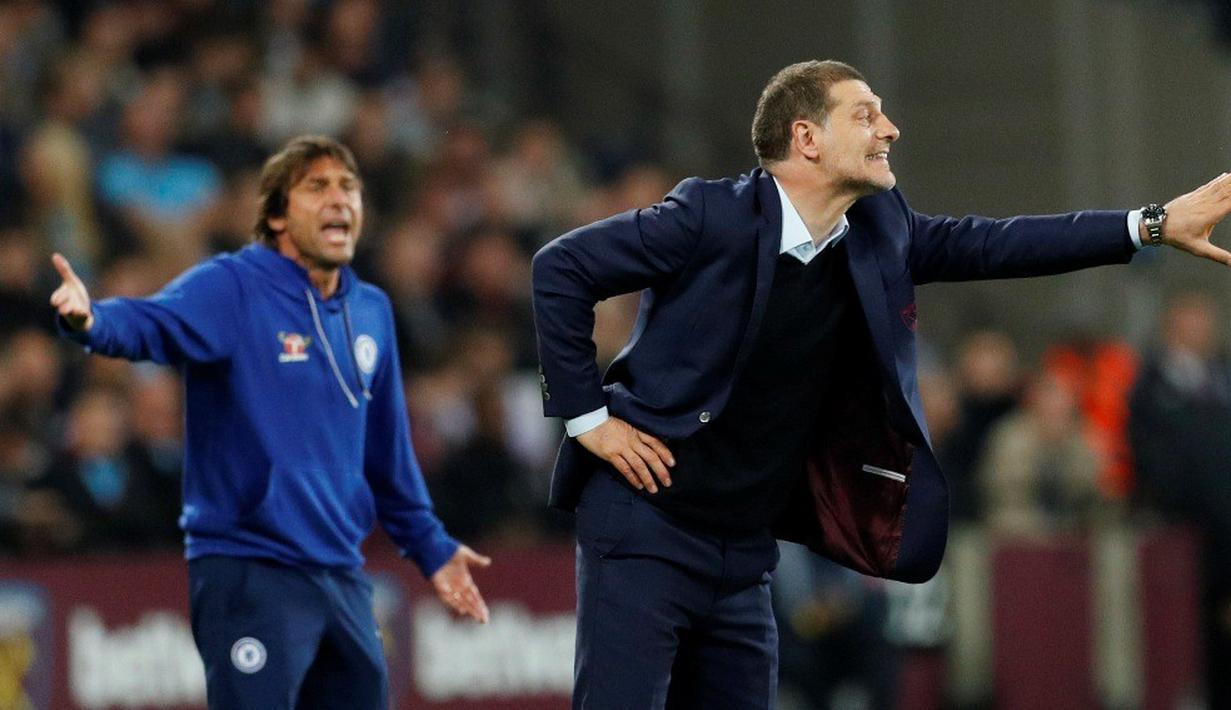 Ekspresi pelatih Chelsea, Antonio Conte, dan pelatih West Ham United, Slaven Bilic (kanan), dalam laga 16 besar Piala Liga Inggris 2016-2017 di Olympic Stadium, Rabu (26/10/2016) waktu setempat. (Action Images via Reuters/John Sibley)